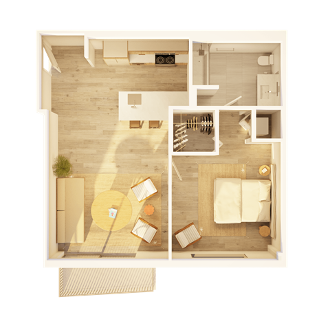 Floor plan for 1 bed, 1 bath, 749 sqft